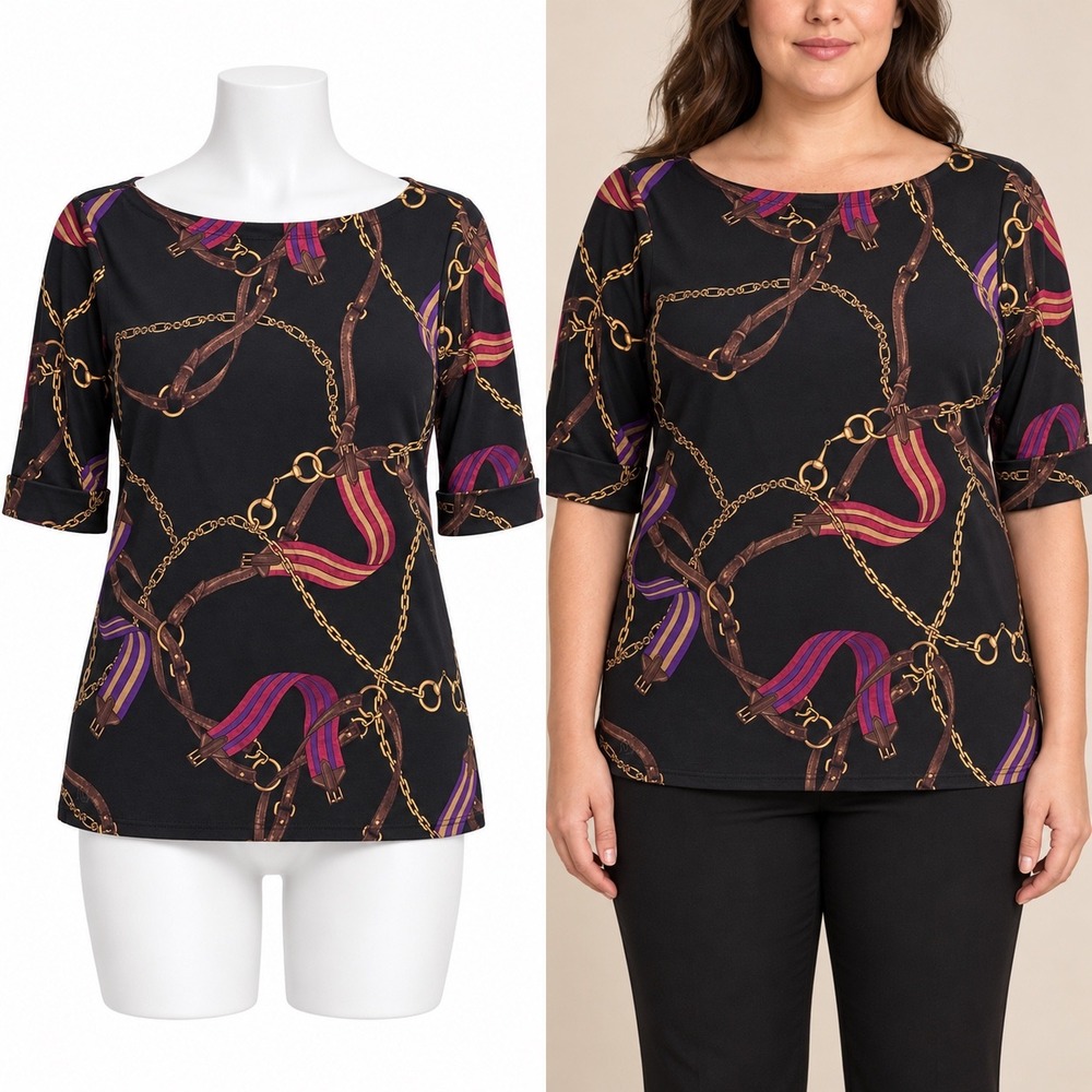 Lauren Ralph Lauren Top Women XL Black Equestrian Chain Belt Print Boat Neck Tee